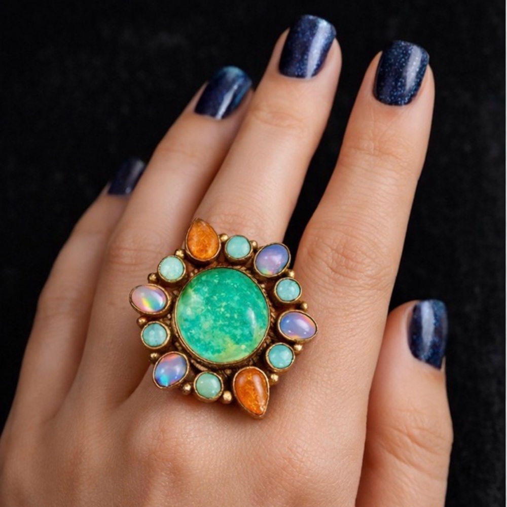 Copper Turquoise & Opal Statement Ring | Adjustable | Boho Western
